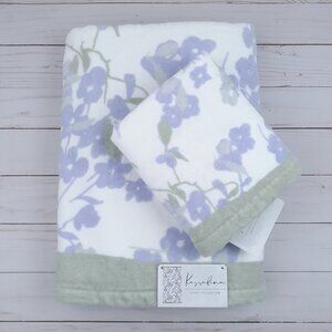 Kassafina Bath Towel Set Velour Purple Flowers Floral Green Border